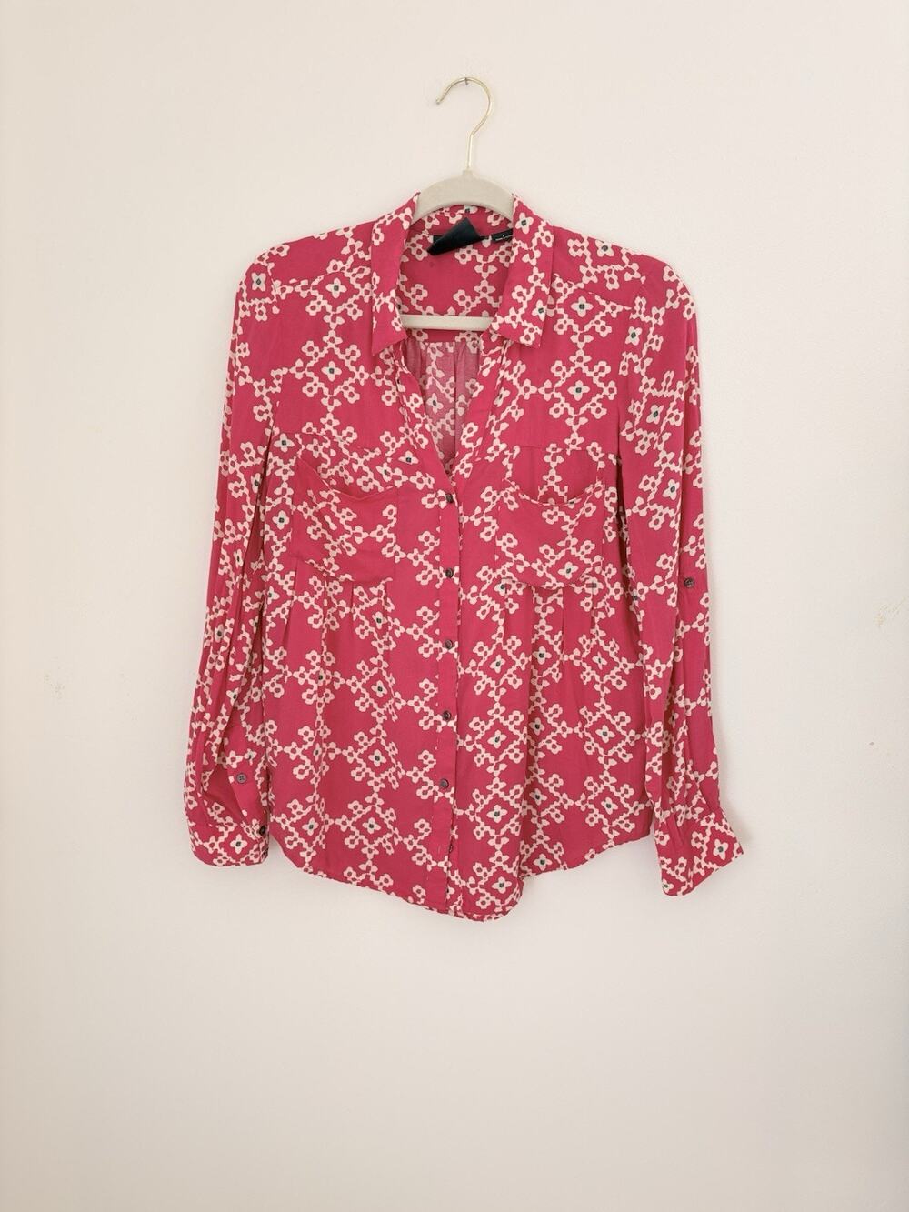 Maeve Women’s Button Up Shirt Pink Geometric Cotton Cuff Button Size 6